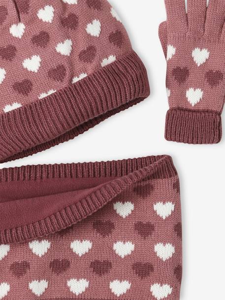 Hearts Beanie, Snood & Gloves Set for Girls grey blue 