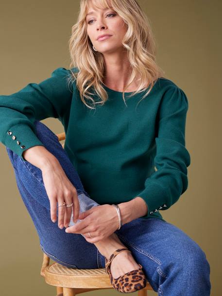 Fine Knit Jumper with Golden Button Details, by ENVIE DE FRAISE black+fir green 