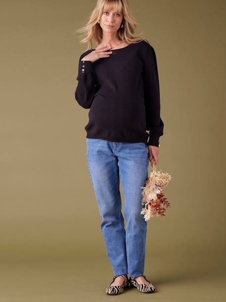 Fine Knit Jumper with Golden Button Details, by ENVIE DE FRAISE black+fir green 