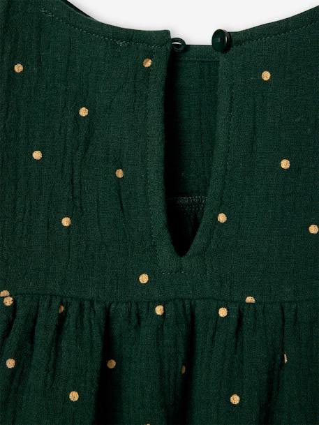 Dress with Ruffles on the Shoulders, in Cotton Gauze fir green+rosy 