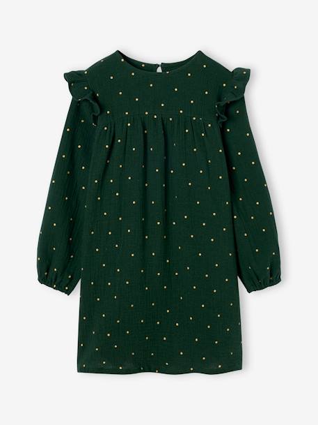 Dress with Ruffles on the Shoulders, in Cotton Gauze fir green+rosy 