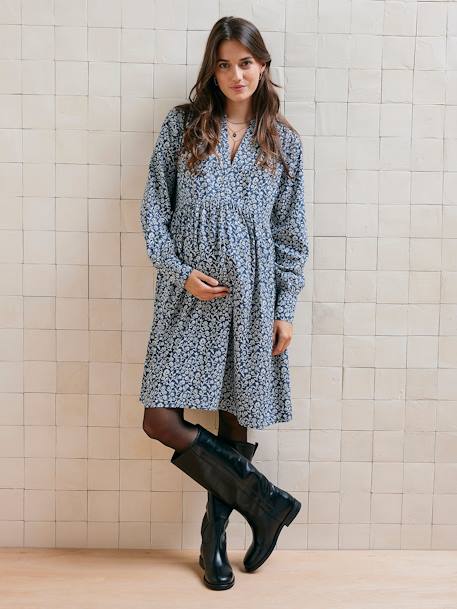 Short Dress for Maternity & Nursing, Mother/Daughter Capsule Collection black+printed blue 