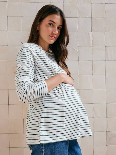 Striped Long Sleeve Top for Maternity & Nursing fir green 