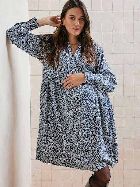 Short Dress for Maternity & Nursing, Mother/Daughter Capsule Collection black+printed blue 