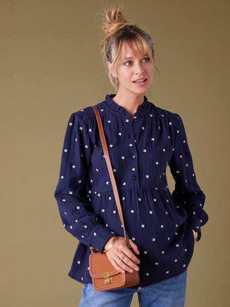 Cotton Gauze Blouse with Embroidered Flowers, Maternity & Nursing Special navy blue 