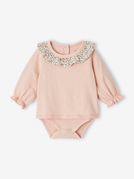 Long Sleeve Bodysuit Top with Ruffled Collar, for Babies rosy+WHITE LIGHT SOLID WITH DESIGN 