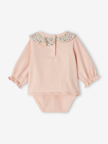 Long Sleeve Bodysuit Top with Ruffled Collar, for Babies rosy+WHITE LIGHT SOLID WITH DESIGN 