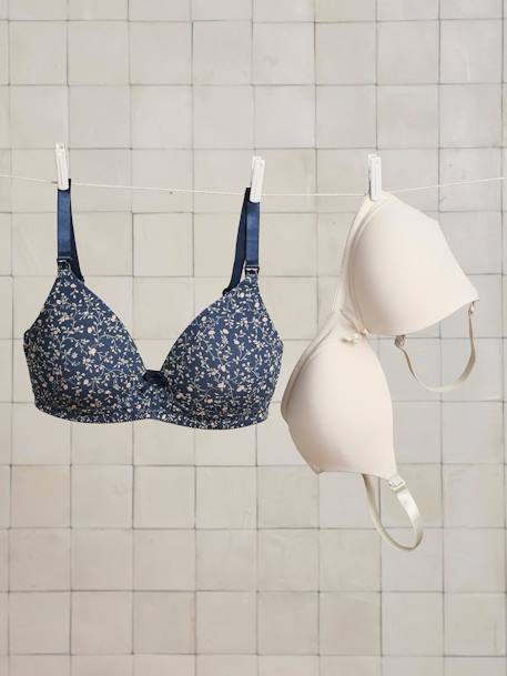 Pack of 2 Padded Bras in Stretch Cotton, Maternity & Nursing Special GREY DARK MIXED COLOR+navy blue+WHITE LIGHT SOLID 