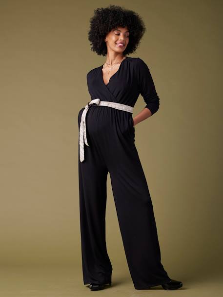 Wide Maternity & Nursing Special Jumpsuit, Reversible Belt, ENVIE DE FRAISE black 