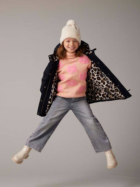 Hooded Parka with Faux Fur Lining for Girls black+dusky pink+green+khaki+old rose 