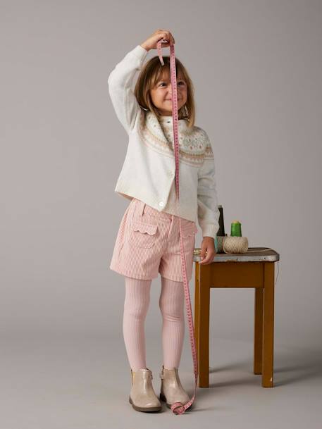 Fancy Jacquard Knit Cardigan in Shimmery Yarn for Girls ecru+rosy 