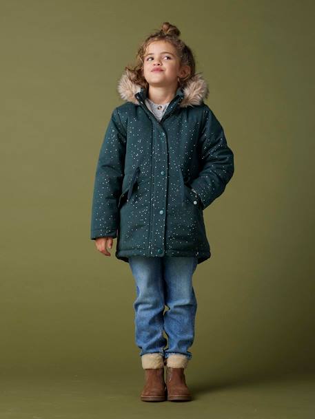 Glittery Parka Lined in Faux Fur, for Girls blush+emerald green 