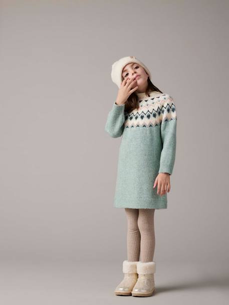 Jacquard Knit Dress for Girls grey green+night blue 