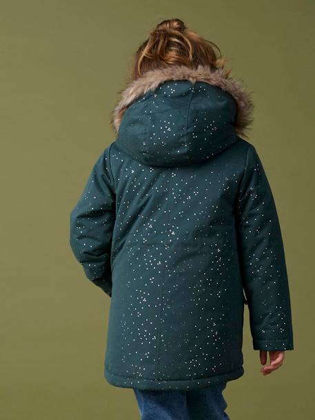 Glittery Parka Lined in Faux Fur, for Girls blush+emerald green 