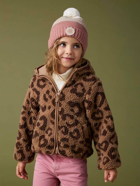 Hooded Jacket in Sherpa with Leopard Print for Girls printed brown 