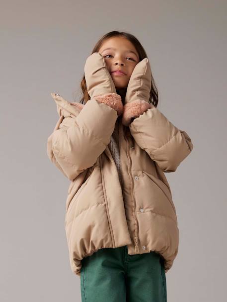 Down Jacket, Detachable Gloves, for Girls cappuccino 