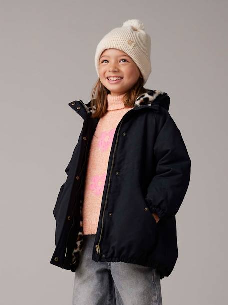 Hooded Parka with Faux Fur Lining for Girls black+dusky pink+green+khaki+old rose 