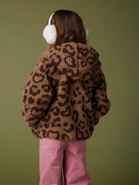 Hooded Jacket in Sherpa with Leopard Print for Girls printed brown 