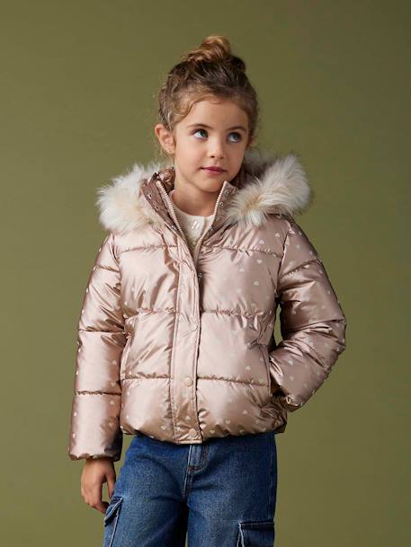 Padded Jacket with Hood & Polar Fleece Lining for Girls anthracite+gold+printed pink 