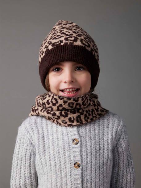 Leopard Beanie + Snood + Gloves Set for Girls printed brown 