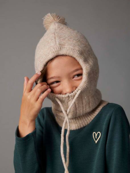 Cable Knit Hood for Girls marl beige 