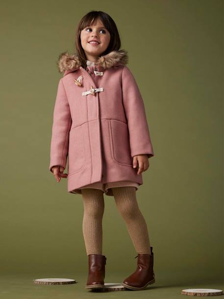 Hooded Duffel Coat with Toggles, in Woollen Fabric, for Girls blush+camel 