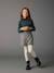 Polo Neck Top in Fancy Knit for Girls ecru+emerald green 