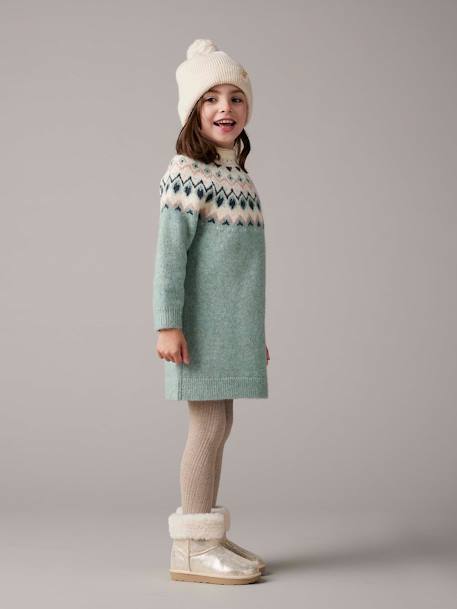 Jacquard Knit Dress for Girls grey green+night blue 