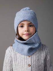 -Beanie + Snood + Mittens Set in Shimmering Cable-Knit