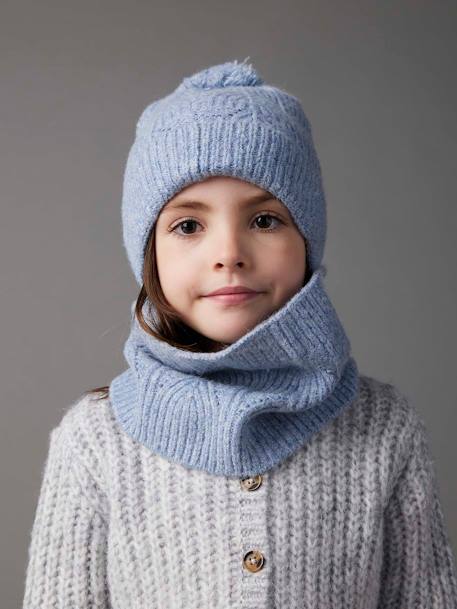 Beanie + Snood + Mittens Set in Shimmering Cable-Knit grey blue+PINK MEDIUM SOLID 