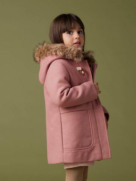 Hooded Duffel Coat with Toggles, in Woollen Fabric, for Girls blush+camel 