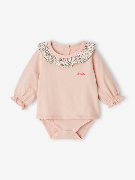 Long Sleeve Bodysuit Top with Ruffled Collar, for Babies rosy+WHITE LIGHT SOLID WITH DESIGN 