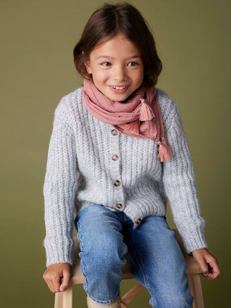 Plain Scarf in Organic Cotton with Tassels, for Girls blush+navy blue 