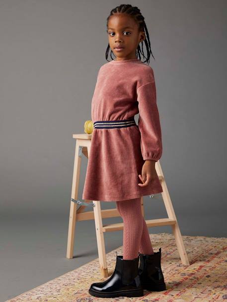 Velour Dress with Striped Iridescent Belt, for Girls dusky pink+peacock blue 