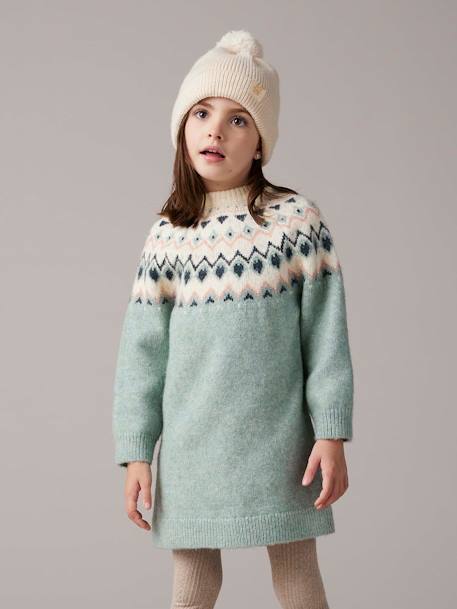 Jacquard Knit Dress for Girls grey green+night blue 