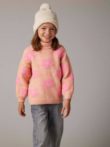 Polo Neck Jumper in Fuzzy Knit with Maxi Motifs for Girls grey green+rose 