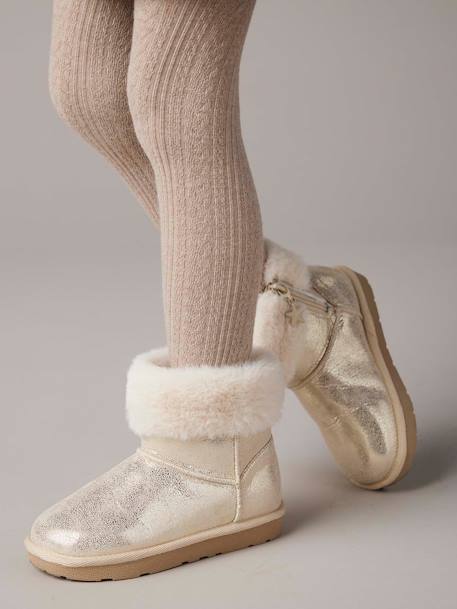 Water-Repellent Furry Boots with Zip for Girls brown+golden beige 