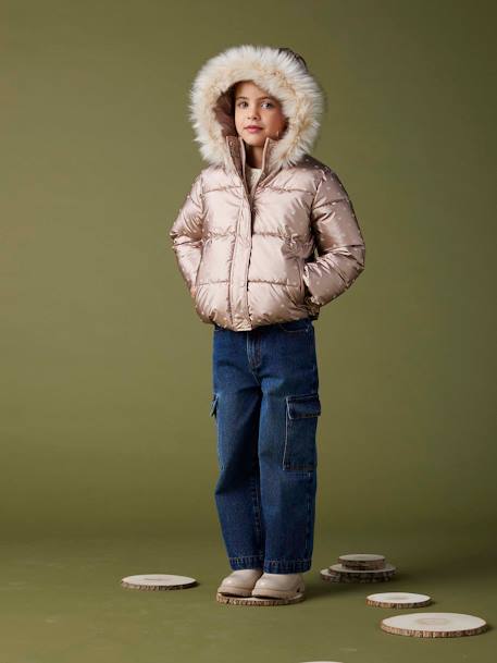 Padded Jacket with Hood & Polar Fleece Lining for Girls anthracite+gold+printed pink 