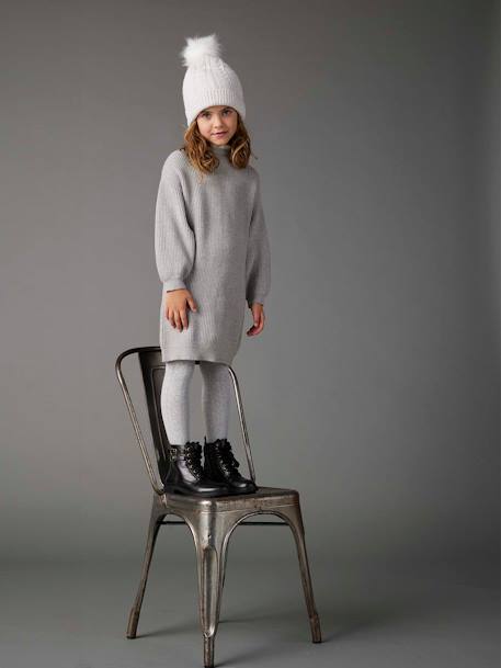 Fine Knit Dress, Broderie Anglaise Collar, for Girls ecru+marl grey 