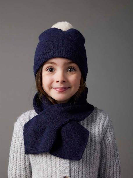 Beanie with Pompom + Scarf Set in Soft Knit for Girls navy blue 