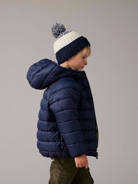 Reversible Hooded Jacket, Padded & in Sherpa, for Boys fir green+navy blue 