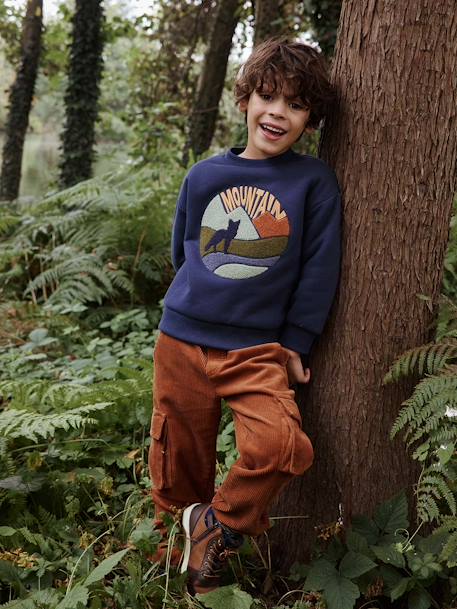 Corduroy Cargo Trousers Lined in Jersey, for Boys cocoa 