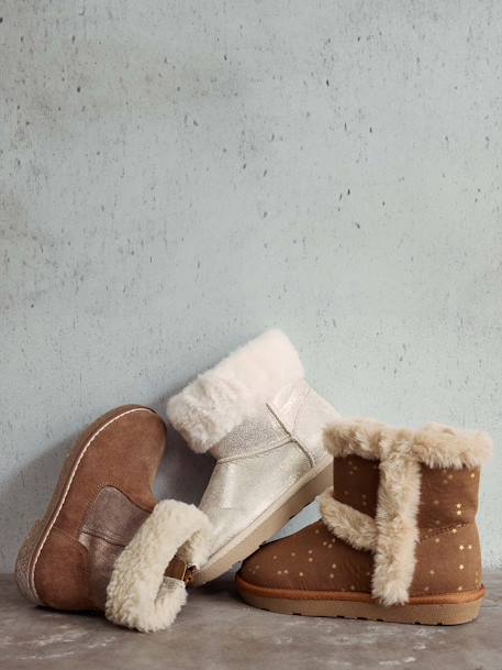 Water-Repellent Furry Boots with Zip for Girls brown+golden beige 