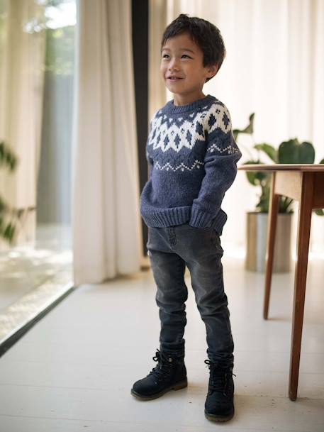 Jacquard Knit Jumper, Round Neckline, for Boys beige+slate blue 