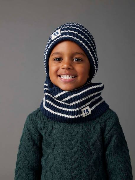 Striped Beanie + Snood + Gloves Set for Boys ink blue 