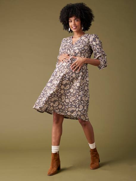 Dress with Floral Print with Glittery Thread, for Maternity, ENVIE DE FRAISE navy blue 