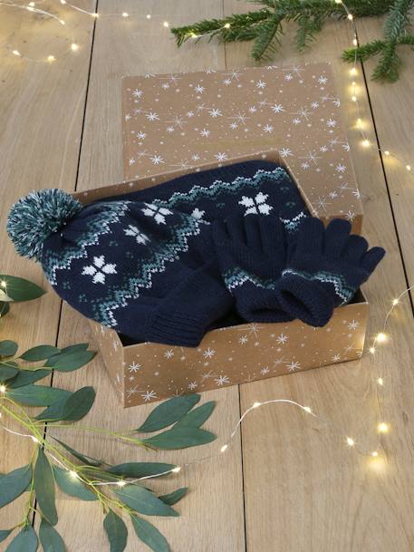 Christmas 'Snowflakes' Set with Beanie + Snood + Gloves/Mittens for Boys navy blue 