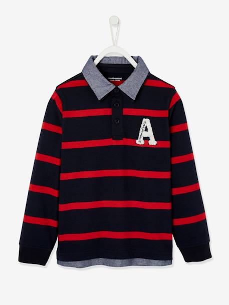 Striped 2-in-1 Effect Polo Shirt, for Boys 6423+6680+deep blue+English green+navy blue+Red Stripes 