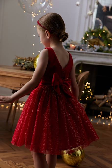 Christmas Special Dress in Velour & Sparkling Tulle for Girls red 