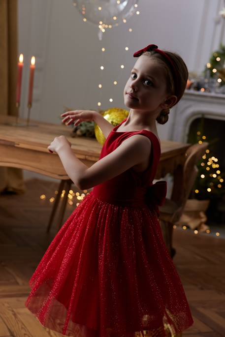 Christmas Special Dress in Velour & Sparkling Tulle for Girls red 